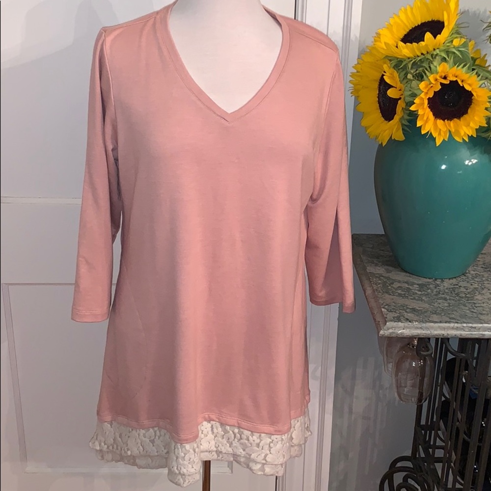 LOGO by Lori Goldstein Dusty Rose V-Neck Tunic with Lace Hem